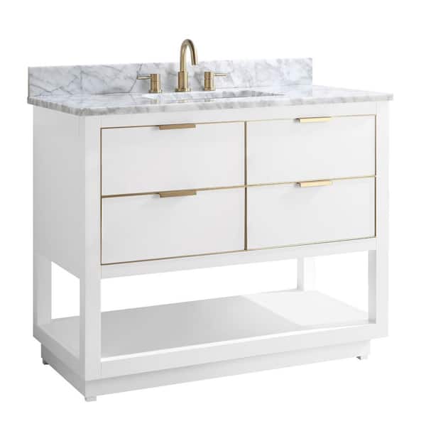 Allie 43 in. Single Sink White with Gold Trim Bath Vanity with Carrara White Marble Top