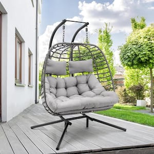 1-Person Beige Metal Patio Swing Folding Hanging Chair Hammock Egg Chair with Yellow Cushion and Pillow