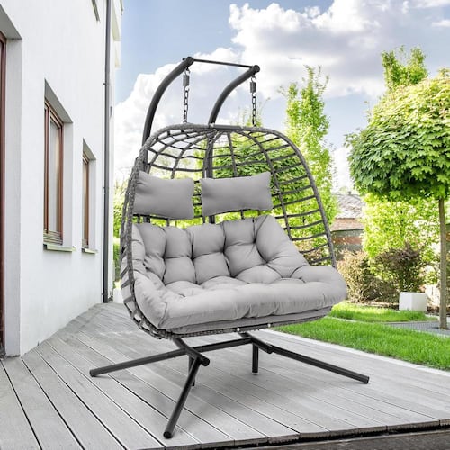Double Swing Egg Chair, Wicker Rattan Hanging Egg Chair for