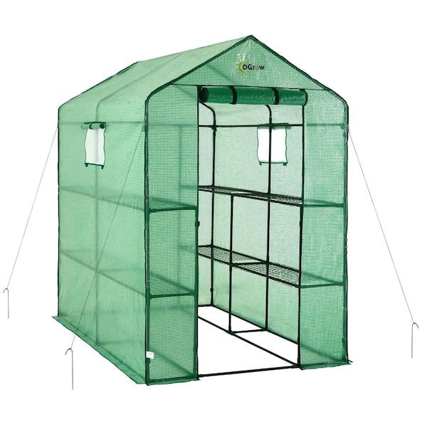 OGROW Machrus Ogrow Deluxe Walk-In Greenhouse with 2 Tiers and 8 Shelves - Green Cover