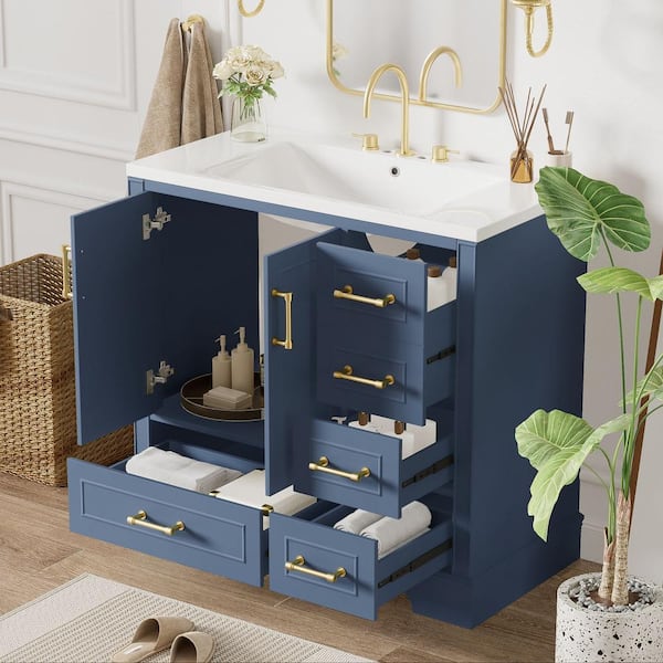 36 in. W x 18 in. D x 34 in. H Single Sink Freestanding Bath Vanity in Blue with White Resin Top and 4 Drawer