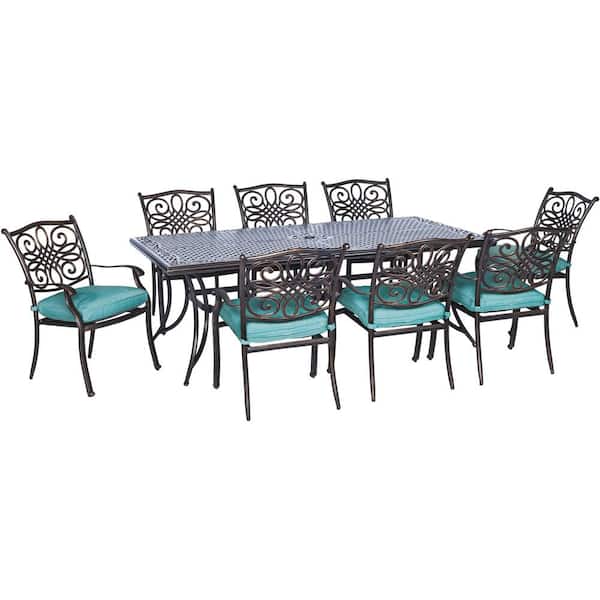 Hanover Traditions 9-Piece Aluminum Outdoor Patio Dining Set with Blue Cushions