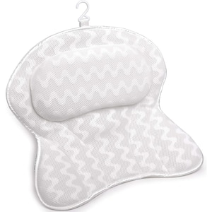 Ergonomic Bath Pillow for Tub, Neck, Head, Shoulder Support, Luxury Soft 3D Mesh and Strong Grip Suction Cups in White