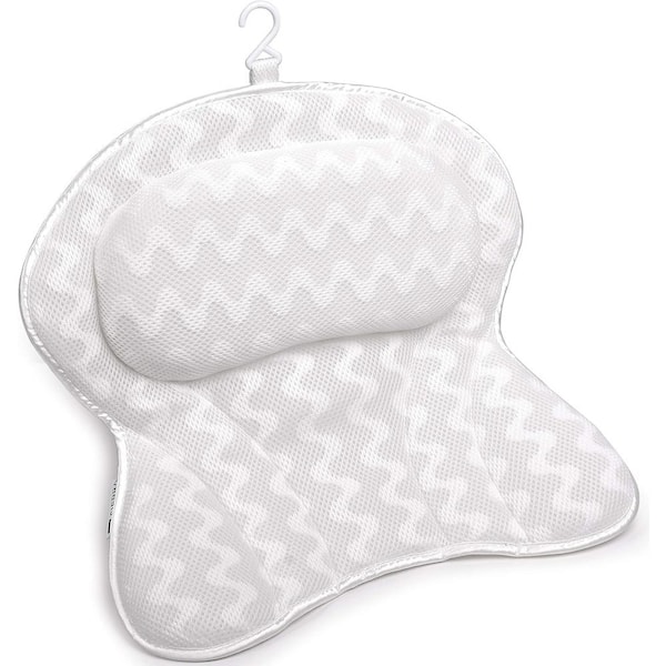 Adrinfly Ergonomic Bath Pillow for Tub, Neck, Head, Shoulder Support, Luxury Soft 3D Mesh and Strong Grip Suction Cups in White