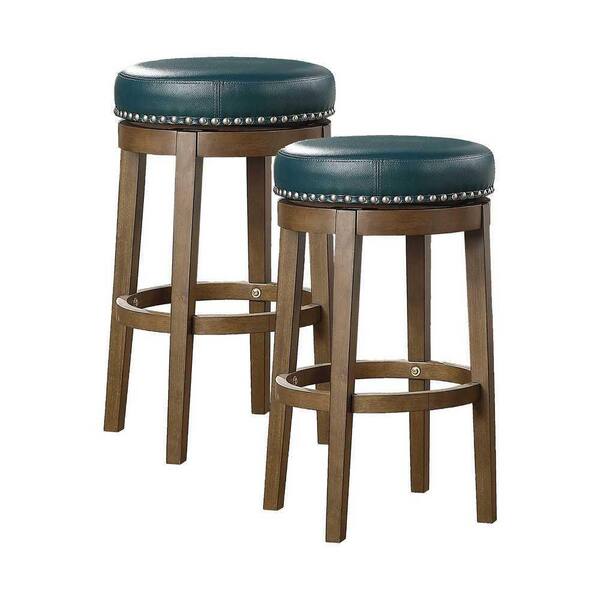 EVERGLADE HOME Paran 30.5 in. Brown Backless Wood Frame Round Swivel Bar Stool with Green Faux Leather Seat (Set of 2)