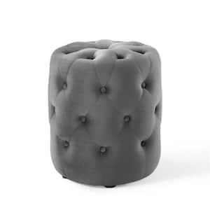 Anthem Gray Tufted Button Round Performance Velvet Ottoman