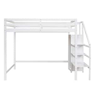 White Full Size Loft Bed with Built-in Storage Wardrobe and Staircase