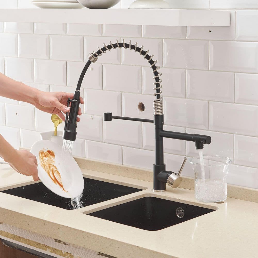 Brushed Nickel and Matte Black High-Arc Kitchen Faucet with Pull-out Spray