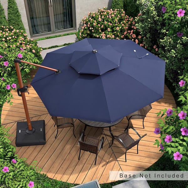 PURPLE LEAF 11 ft. Octagon All-aluminum 360-Degree Rotation Wood pattern Cantilever Offset Outdoor Patio Umbrella in Navy Blue