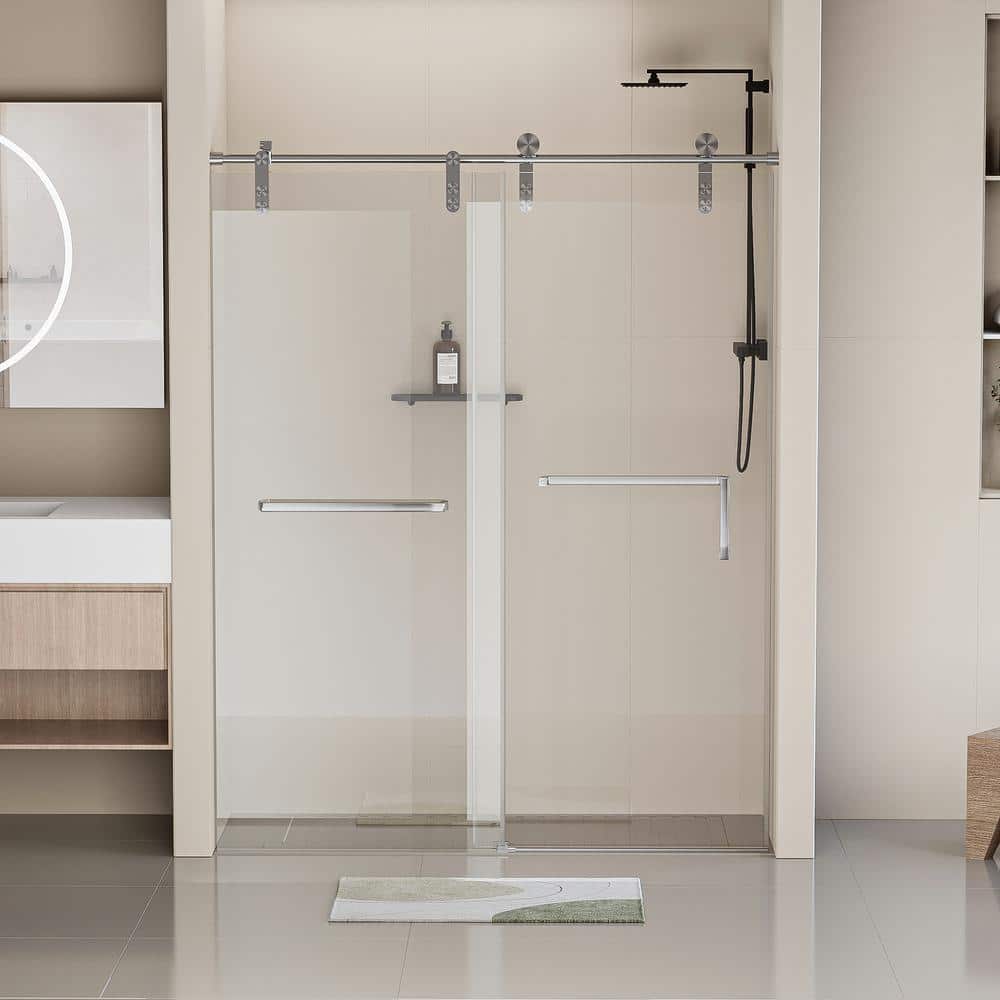 Frameless Brushed Nickel Sliding Shower Door with Clear Tempered Glass