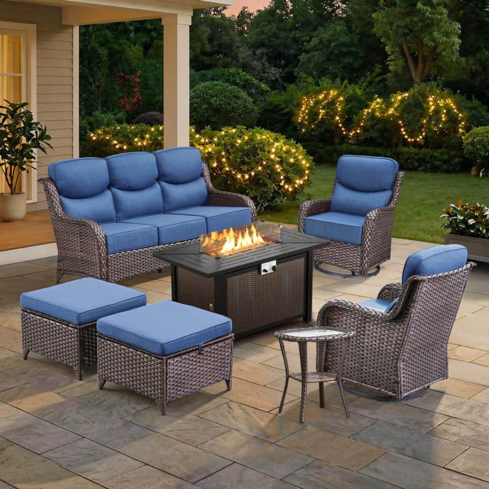 NovaSwivel 7PCS Brown Wicker Patio Conversation Set with Outdoor Swivel Gliders with Fire Pit and 6 in. Blue Cushions price history on PriceWatchPro