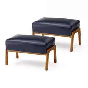 Mid-Century Modern Navy Blue Leatherette Accent Stool with Walnut Rubberwood Legs (Set of 2)