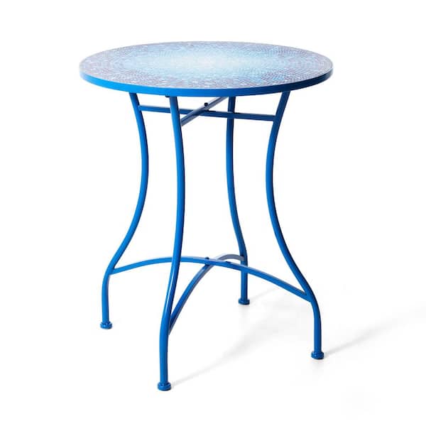 Glitzhome 28 in. H Outdoor Metal Folding Blue Bistro Table with Ceramic Tile Top