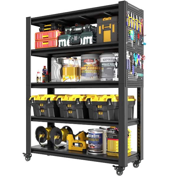 5-Tier Heavy Duty Steel Adjustable Storage Rack in Black with Wheels and Pegboard (47.2 in. W x 78 in. H x 18 in. D)