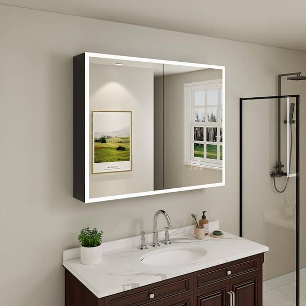 HBEZON Cloris 36 in. W x 32 in. H Rectangular Aluminum Black Medicine Cabinet with Mirror and Light, Interior Lighting