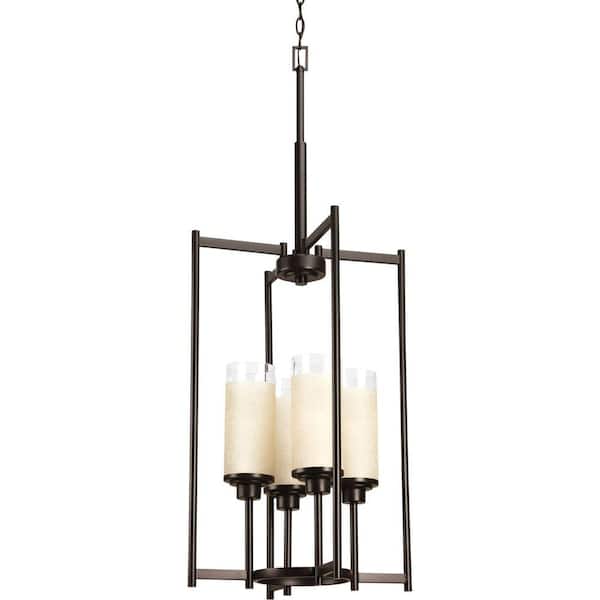 Progress Lighting Alexa Collection 4-Light Antique Bronze Foyer Pendant with Etched Umber Linen Glass