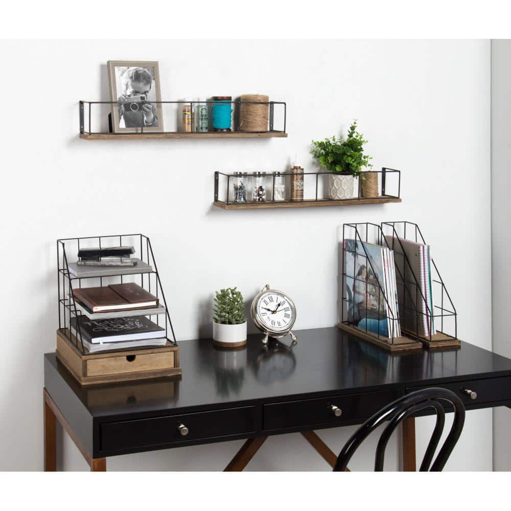 24" Rustic Brown and Black Wood & Metal Floating Wall Shelf Set