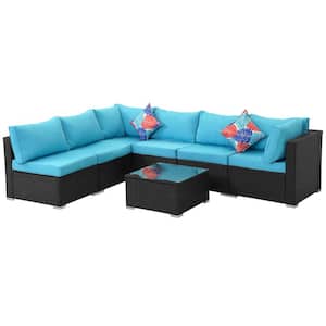 7-Piece Black Wicker Outdoor Sectional Set, Rattan Outdoor Patio Set with Blue Cushions, Coner Sofa and Coffe Table