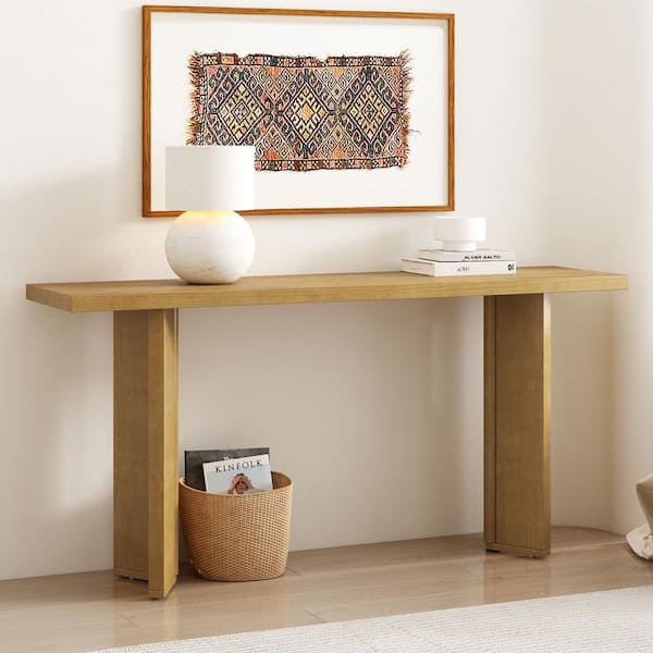 63 in. Natural Rectangle Pine Wood Console Table with Pine Veneer and Geometric Legs