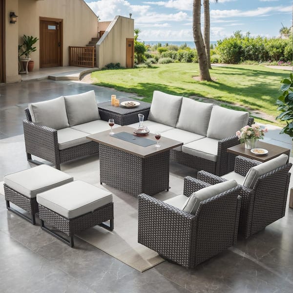 9-Piece Brown Wicker Fire Pit Conversation Set with Olefin Beige Cushions and Sectionsal Sofa/Swivel Gliders