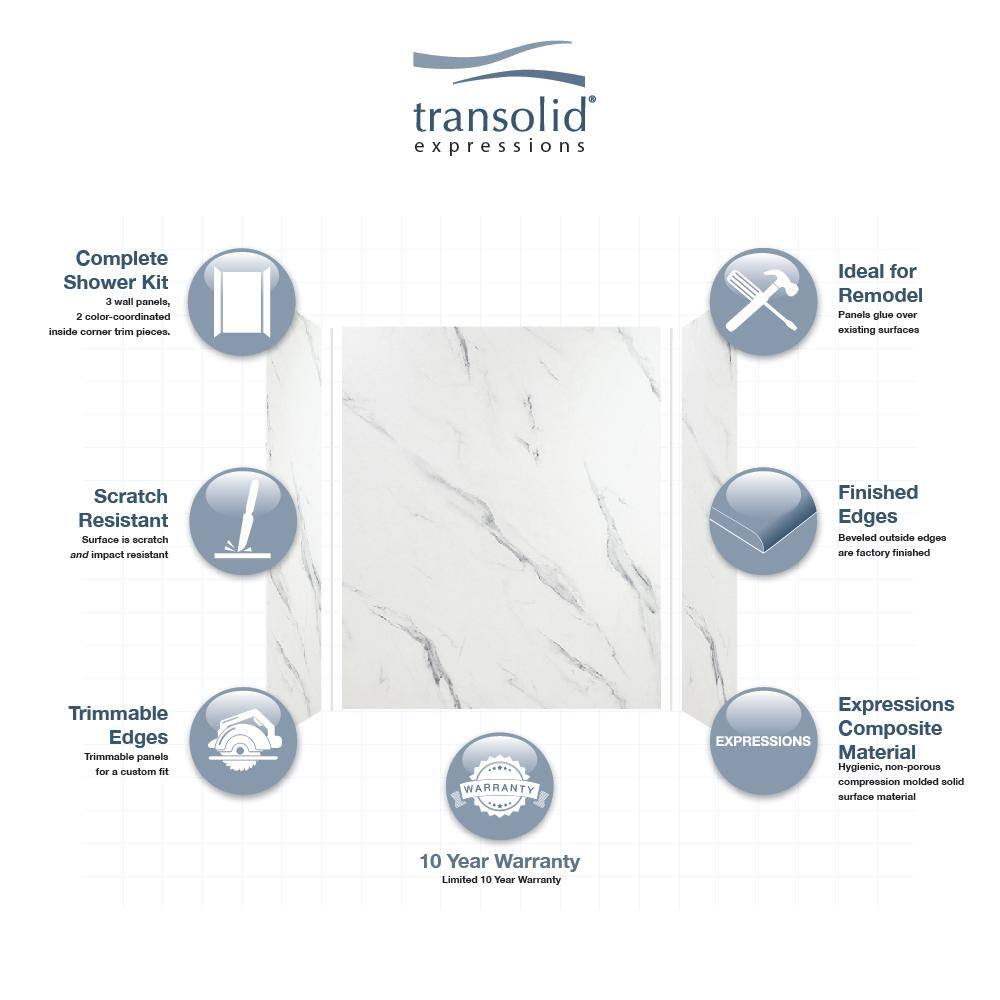 Bianca White Solid Surface 3-Piece Shower Wall Kit, 36" x 60" x 72"