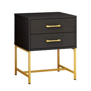 Black Wood Nightstand With 2-Drawer and Metal Legs 22.8"H x 17.7"W x 15.7"D