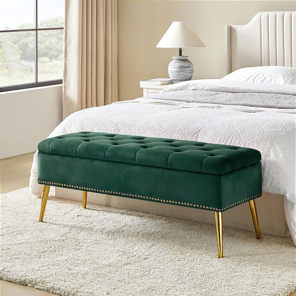 JAYDEN CREATION Hippolytus Classic Green 45.5 in. Polyester Button-Tufted Storage Bedroom Bench with Nailhead Trim