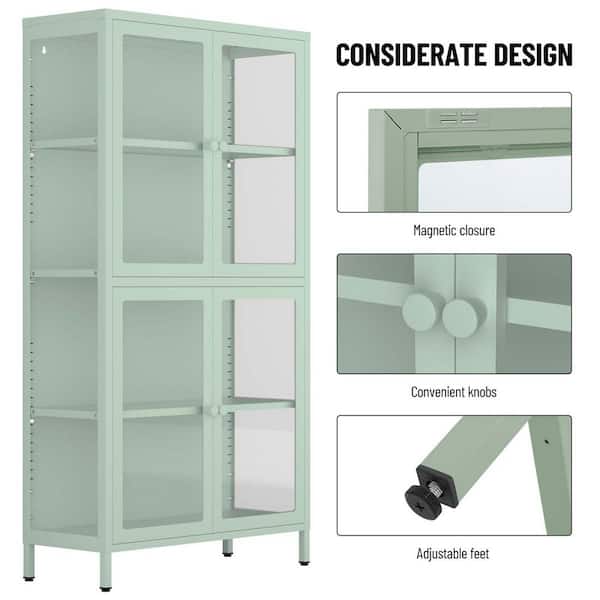 Unbranded 31.5 in. W x 12.6 in. D x 59 in. H Metal Mint Green Linen Cabinet with Glass Doors and Adjustable Shelves
