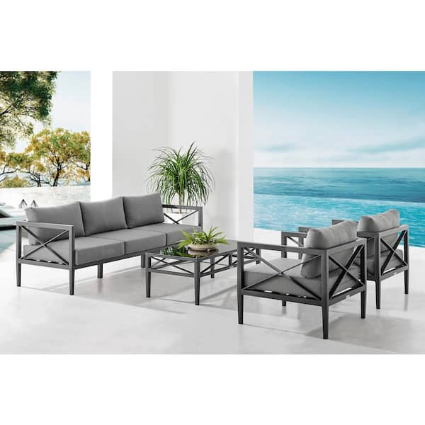 Armen Living Sonoma Dark Gray 4-Piece Aluminum Outdoor Set in Dark Gray Cushions