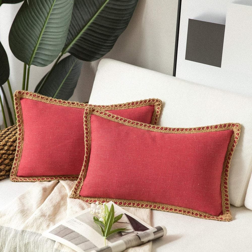 Pack of 2 Decorative Throw Pillow Covers, Burlap Linen Trimmed, Red