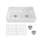 Farmhouse Apron Front Fireclay 33 in. 50/50 Double Bowl Kitchen Sink in White with Grids and Strainers