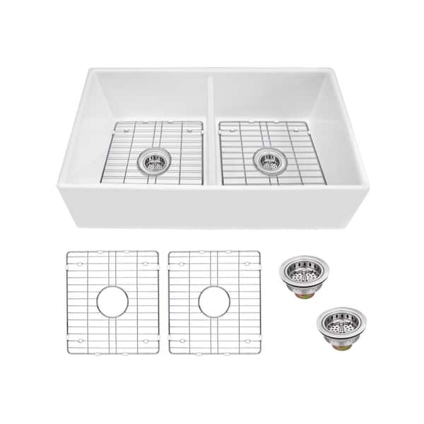 IPT Sink Company Farmhouse Apron Front Fireclay 33 in. 50/50 Double Bowl Kitchen Sink in White with Grids and Strainers
