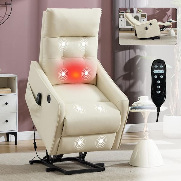Beige1 Ergonomic Faux Leather Power Lift Recliner with Heavy Duty, Heat, Massage and USB