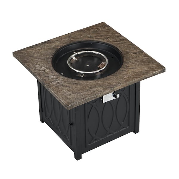Flynama 32 in. W x 24.5 in. H Square Black Metal Base Propane Gas Fire Pit with Brown Table Top in Black
