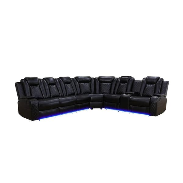 37 in. 3-Piece Breathing Leather Living Room Sectional Sofa Set in Black with LED Lights,USB Charger,and Storage Armrest
