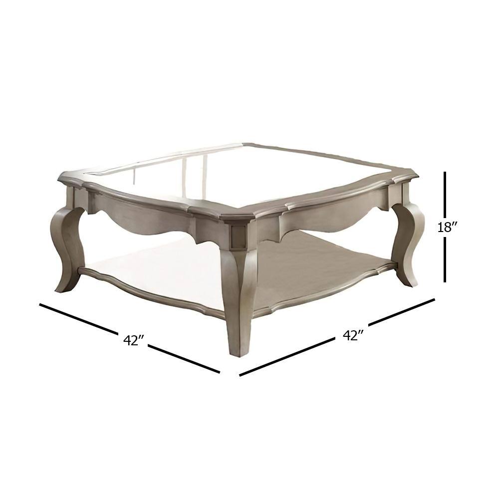 Antique Brown Square Wood & Glass Coffee Table with Storage Shelf