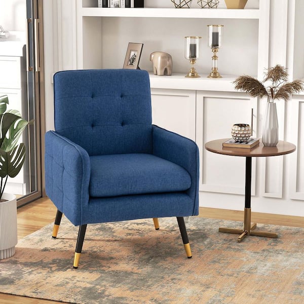 Blue Linen Fabric Accent Chair Modern Single Sofa Chair with Solid Metal Legs