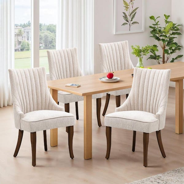 Chic Beige Linen Channel Tufted Back Dining Chairs Set of 4 with Curved Solid Wood Legs for Dining Room