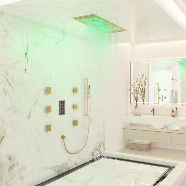 6-Spray Ceiling Mount Handheld Shower Head LED and Music Shower Systems 2.5 GPM in Brushed Gold