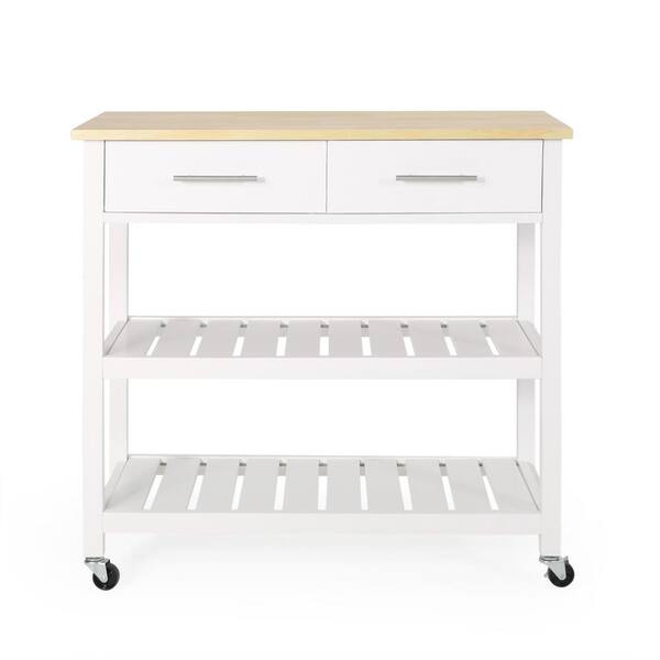 Siavonce White Modern Kitchen Cart on Wheels, Kitchen Trolley with 2
