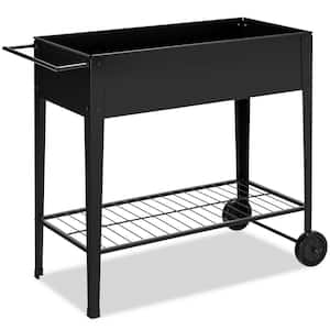 8 in. Tall Black Iron Elevated Planter Box on Wheels with Non-Slip Legs and Storage Shelf