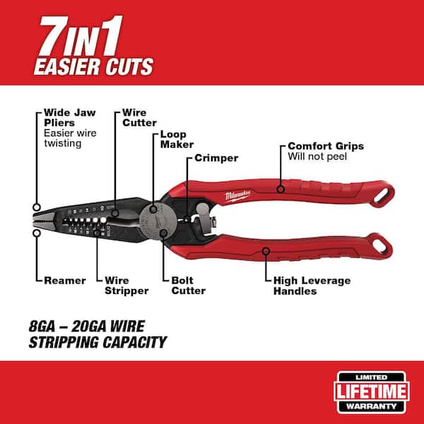 Milwaukee 9 in. 7-in-1 Combination Wire Stripper Cutting Pliers with  Lineman's Pliers 48-22-3078-48-22-6100 - The Home Depot