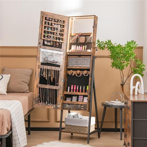 Jewelry Brown Cabinet Armoire 3-Color LED Modes Full-Length Frameless Mirror Lockable