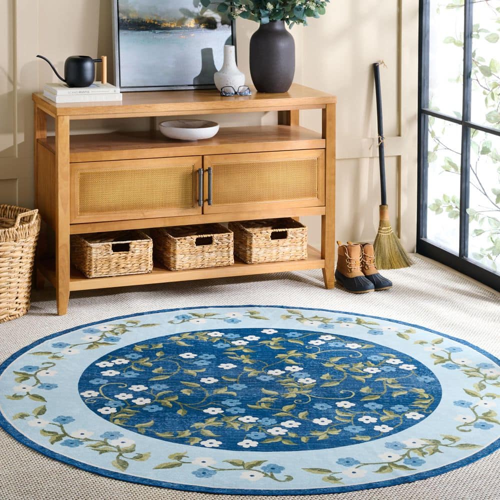 Martha Stewart Washable 6 ft. x 6 ft. Round Dark Blue/Light Blue Floral Border Abstract Washable Area Rug price history on PriceWatchPro