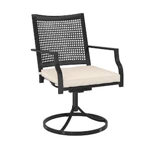 Black Steel Textilene Outdoor Dining Chair 360-Degree Swivel Chair with Beige Cushion (2-Pack)