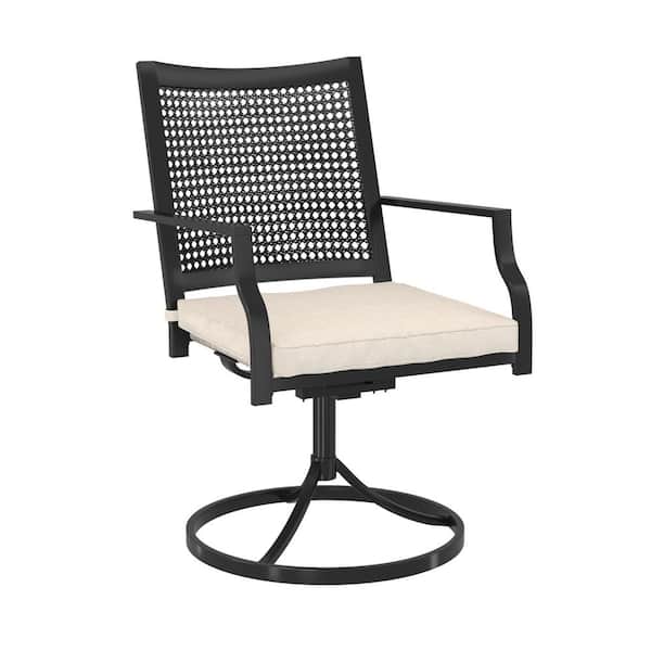 Mondawe Black Steel Textilene Outdoor Dining Chair 360-Degree Swivel Chair with Beige Cushion (2-Pack)