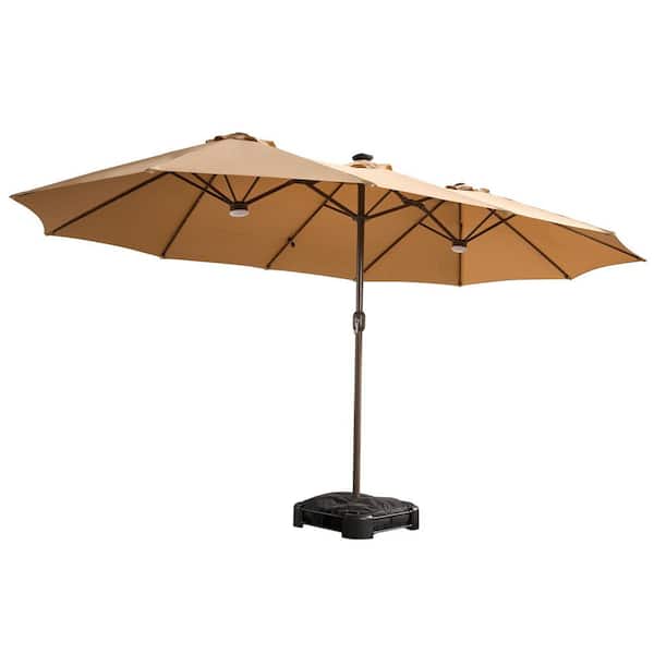 15 ft. Metal Market Rectangle Outdoor Patio Umbrella in Beige with Base & Solar Lights for Poolside Bench Backyard