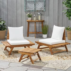 Kaiya Teak Brown 3-Piece Wood Outdoor Patio Conversation Set with White Cushions