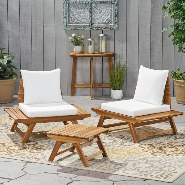 Noble House Kaiya Teak Brown 3-Piece Wood Outdoor Patio Conversation Set with White Cushions
