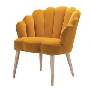 Flora Mustard Mid-century Modern Scalloped Tufted Velvet Barrel Chair with Wood Legs